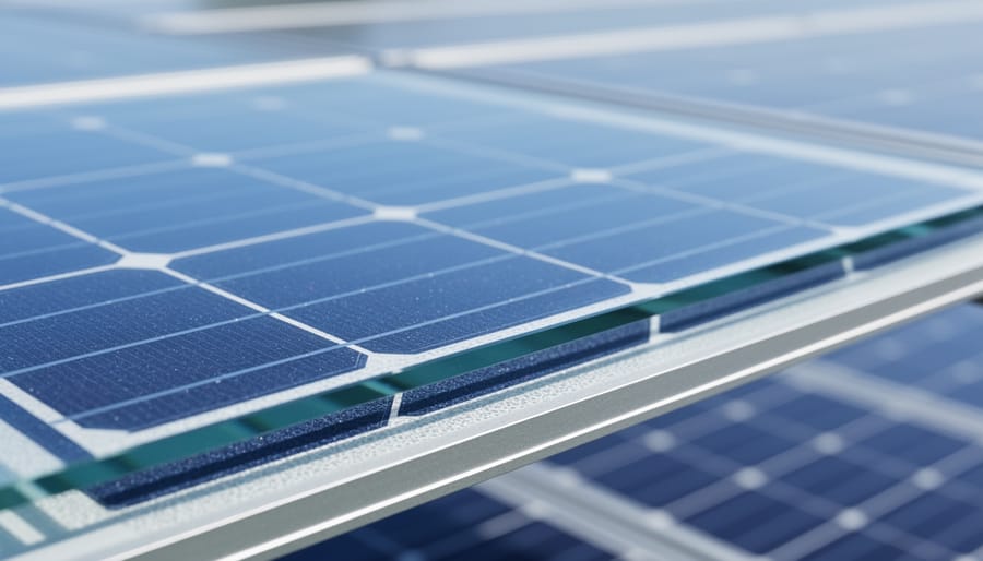 Close-up view of the glass front and cell surface of a solar PV module