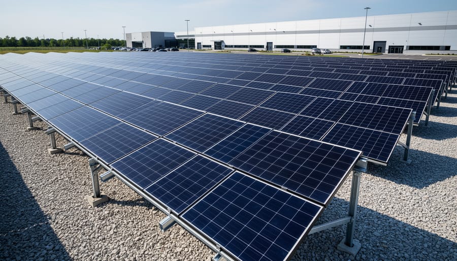 Ground-mounted solar panel array at a commercial site