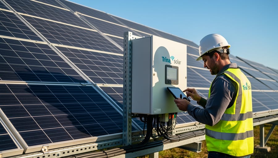 Technician inspecting solar equipment beside an inverter cabinet near solar panels