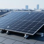 Close-up of a modern solar PV panel with visible cell grid mounted on a rooftop under natural daylight.