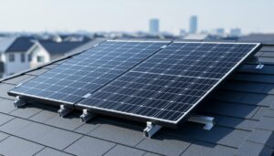 Close-up of a modern solar PV panel with visible cell grid mounted on a rooftop under natural daylight.