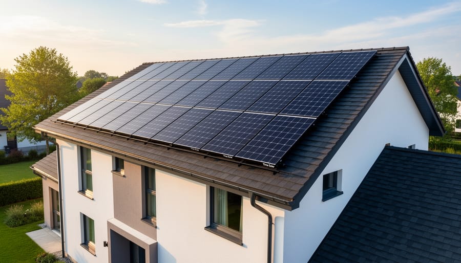 Trina Solar PV modules mounted on a home rooftop under bright daylight