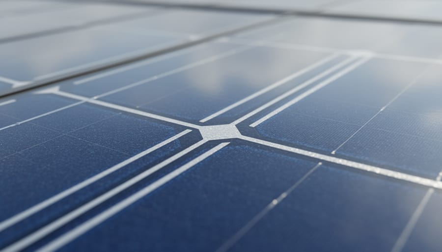 Close-up view of a solar panel cell surface with reflective glass