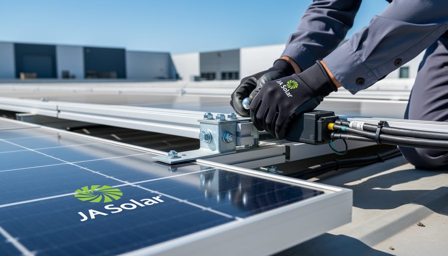 Installer’s hands connecting components on a solar panel module