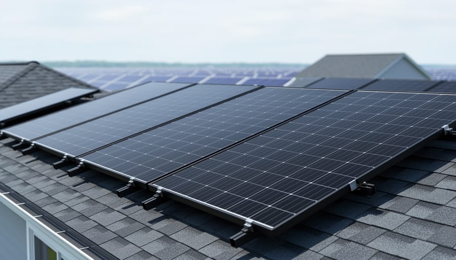 Black solar photovoltaic panels mounted on a modern residential rooftop under a bright, overcast sky.