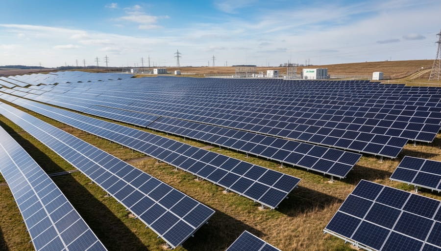 Rows of solar panels in a large solar farm under sunny conditions