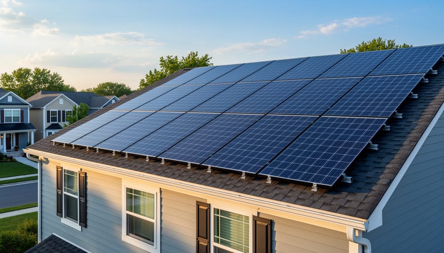 Solar panels installed on a residential roof in warm evening light