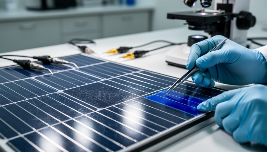 Close-up of crystalline solar cells and surface reflections on a photovoltaic panel