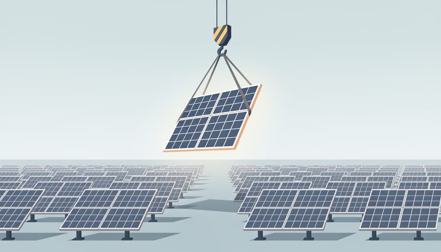 Crane lifting a refurbished solar panel module at a solar farm