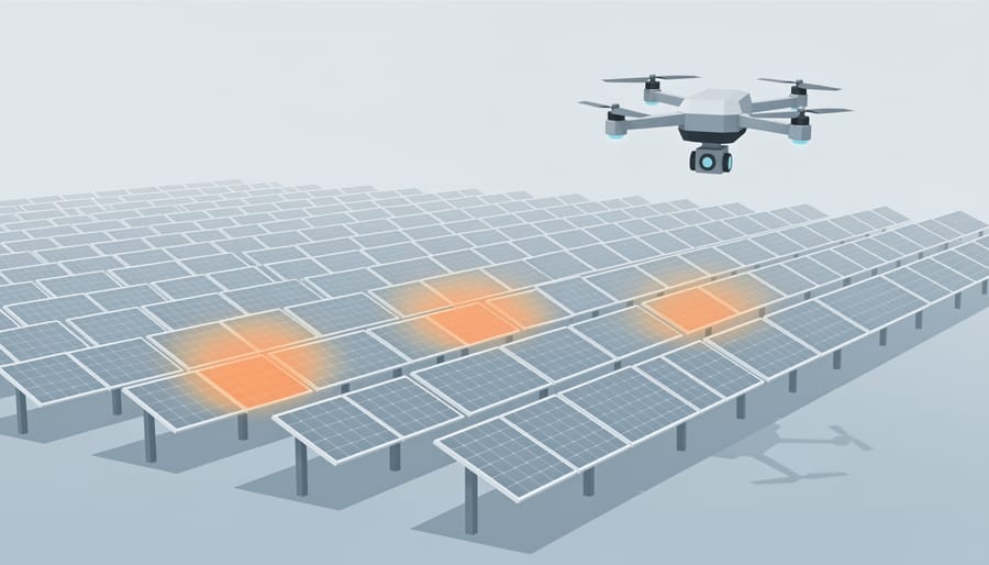 Drone conducting overhead inspection over a commercial solar panel array