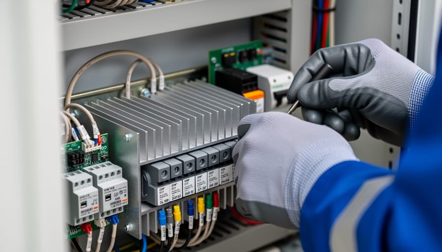 Open solar inverter cabinet showing internal electrical components