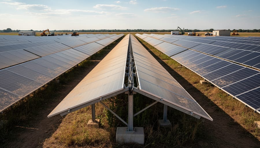 Wide view of an operating solar farm with rows of solar panels under golden-hour sunlight