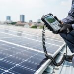 Technician kneeling beside a rooftop solar panel array while using a handheld photovoltaic testing device connected to the system.