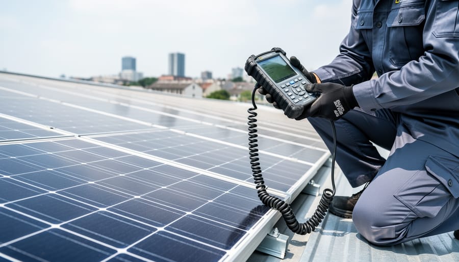 Technician kneeling beside a rooftop solar panel array while using a handheld photovoltaic testing device connected to the system.
