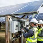 Technicians inspect modern solar panels and inverter hardware within an older solar farm, illustrating solar repowering and equipment upgrades.