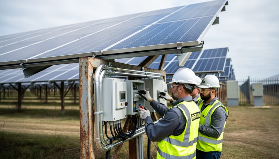 Technicians inspect modern solar panels and inverter hardware within an older solar farm, illustrating solar repowering and equipment upgrades.