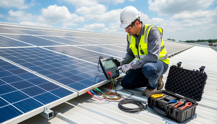 Solar installer kneeling on a rooftop using a portable photovoltaic testing device near the solar junction box