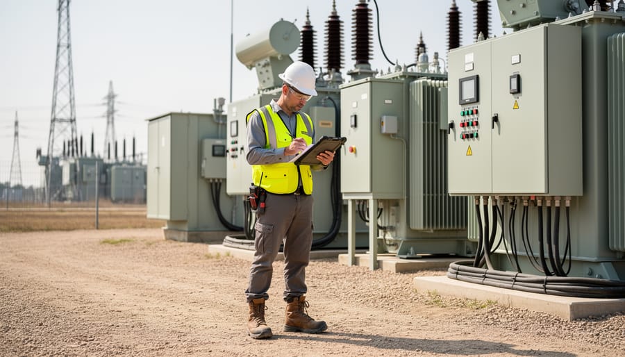 Solar technician inspecting a solar panel array on a utility-scale site