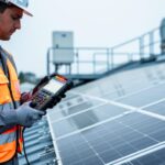 Solar technician inspecting a rooftop photovoltaic array using a rugged diagnostic tester to check electrical performance and safety.