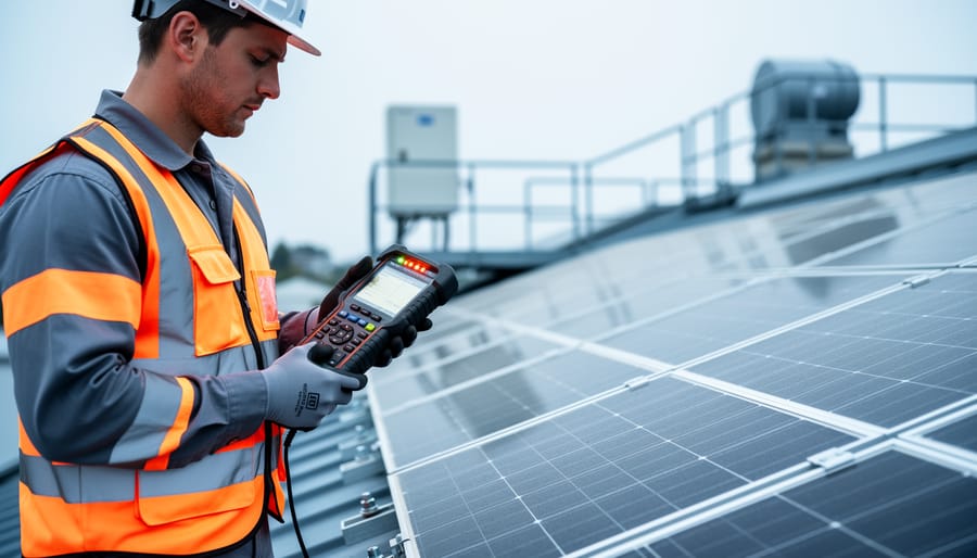 Solar technician inspecting a rooftop photovoltaic array using a rugged diagnostic tester to check electrical performance and safety.