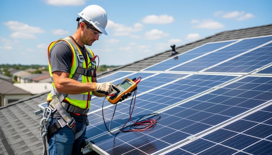 Solar technician kneeling next to rooftop solar panels while holding a handheld solar diagnostic meter