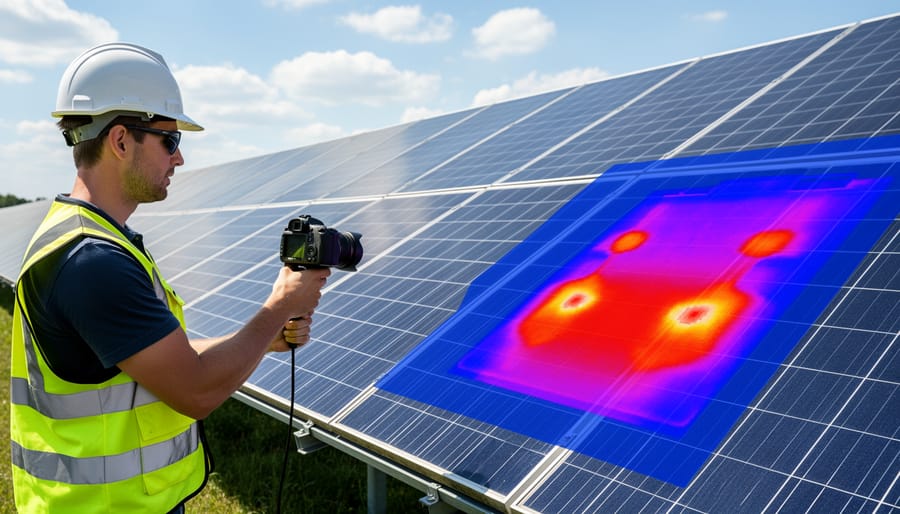 Person holding a thermal camera pointed at solar panels on a rooftop