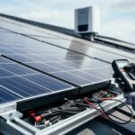 Technician’s gloved hands using a multimeter to inspect rooftop solar panel wiring beside photovoltaic panels under soft daylight.