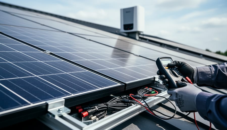 Technician’s gloved hands using a multimeter to inspect rooftop solar panel wiring beside photovoltaic panels under soft daylight.