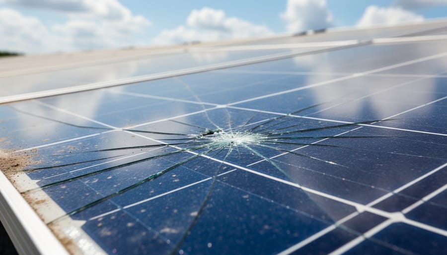 Close-up of a solar panel with cracked glass and discoloration on the panel surface