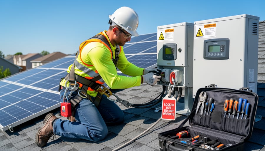 Technician in insulated gloves and safety harness standing on a rooftop near a solar inverter cabinet
