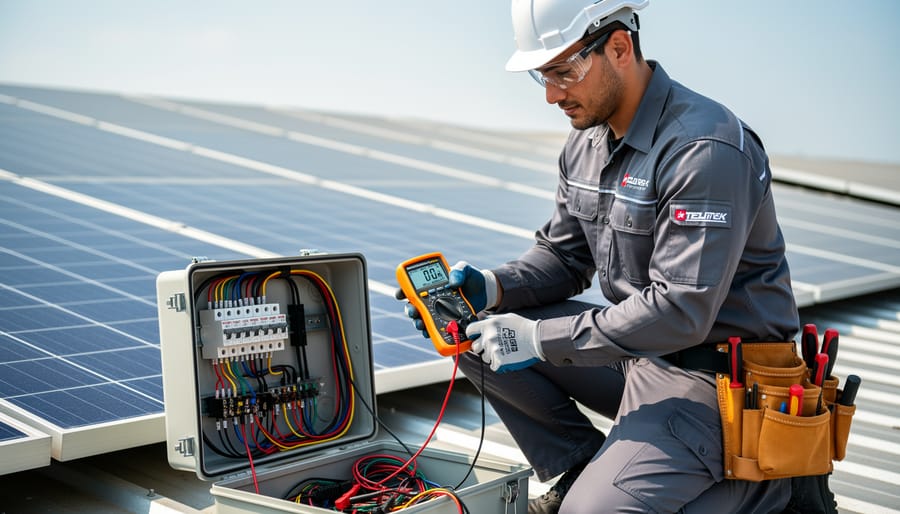 Solar technician kneeling and using a multimeter near solar panel wiring and an open junction box area